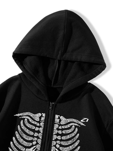 Sweat-shirts à capuche en molleton de coton noir avec fermeture éclair intégrale et motif squelette en strass pour hommes, service de fabrication sur mesure - Product Image 4