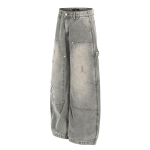 Pantalon de bûcheron délavé style américain unisexe, coupe ample, coupe droite, décontracté, coupe incurvée, en jean - Product Image 6