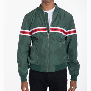Blouson bomber vert pour homme, fermeture éclair intégrale, design rayé, coupe-vent, coupe classique, polyester, vêtement d'automne - Product Image 1