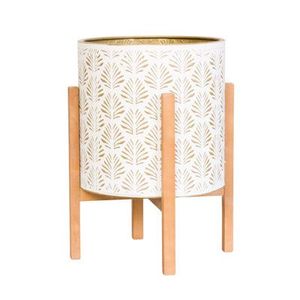 Metal Flower <b>Pot</b> with Gold Leaf Pattern Glazed Finish on Wooden Stand for Indoor Plants Modern Minimalist Style - Product Image 1