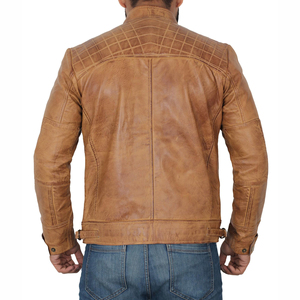<b>Men's</b> <b>Brown</b> Genuine <b>Leather</b> Zip Front Moto <b>Jacket</b> Stand Collar Slim Fit Autumn Wear - Product Image 2
