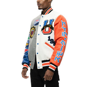 แจ็คเก็ตวาร์ซิตี้ฤดูหนาวแบบใหม่ ปักลายเชนิลล์ แขนหนังผสมขนสัตว์  โลโก้ด้านหน้าแบบกำหนดเอง ขายส่งสำหรับผู้ชาย - Product Image 4