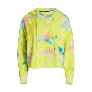 Sudadera con capucha tie-dye personalizada para mujer, amarillo neón, de algodón French Terry, cuello tipo cuello de embudo, hombros caídos, OEM - Product Image 4