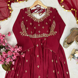 Red <b>Colour</b> Gown <b>Set</b> for Women Elegant Ethnic Wear with Dupatta Perfect for Wedding Festive Party and Special Occasions - Product Image 1