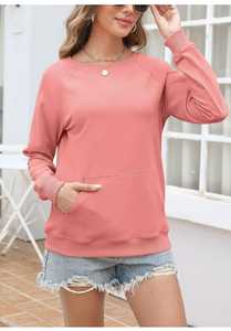 Sudadera de cuello redondo para mujer, informal, de manga larga, estilo raglán, con bolsillo frontal tipo canguro - Product Image 4