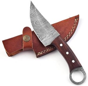 Cuchillo de Camping de Hoja Fija de Acero de Damasco Forjado a Mano, Mango de Madera de Palisandro, Funda de Cuero, Cuchillo Skinner al por Mayor, Soporte OEM Personalizado - Product Image 4