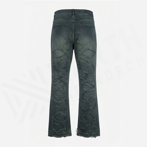 Jean en denim coupe droite délavé foncé pour homme, taille haute, coupe slim, déchiré, motif géométrique, style streetwear, en coton - Product Image 3