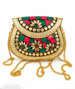 <b>Gold</b> Mosaic Stone Half Moon Evening <b>Bag</b> Floral Clutch Chain Strap Handcrafted Party Purse - Product Image 1