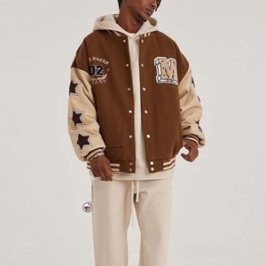 Best Selling Brown Varsity <b>Jacket</b> With Embroidered Letter M And <b>Stars</b> Hooded Preppy Style Cotton Polyester Blend Varsity <b>Jackets</b> - Product Image 2