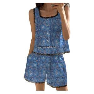 Conjunto de Pijama Clásico con Estampados Índigo, Hecho a Mano en India, con Ribete de Encaje de Algodón, Pantalones Cortos, Conjunto de Pijama sin Mangas con Estampado Floral para Primavera/Verano - Product Image 1