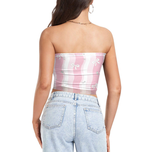 Top corto sin tirantes con lazo rosa y estampado de rayas blancas por sublimación, estilo estético, para mujer, precio económico, venta al por mayor. - Product Image 2