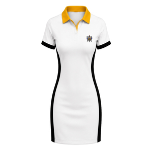 Women's White and Gold Polo <b>Dress</b> <b>Short</b> <b>Sleeve</b> Contrast Collar Athletic Uniform <b>Shirt</b> with Black Side Panels and Chest Crest Des - Product Image 2