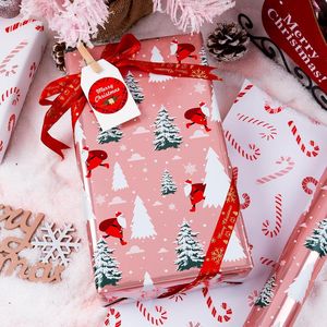 Christmas Reversible Wrapping Paper Roll Pink Metallic Foil with Santa Tree on Snowfield <b>Candy</b> Cane Design Holiday Supplies - Product Image 2