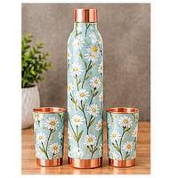 Ensemble de bouteille d'eau et de tasse en cuivre à motif floral avec design d'oiseau pour les voyages et l'extérieur