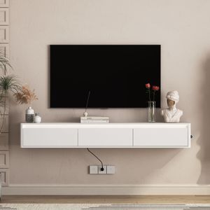Mobile TV Sospeso Bianco da Parete per Soggiorno con Luci LED e Presa di Corrente Integrata - Design a Scaffale Flottante - Product Image 1