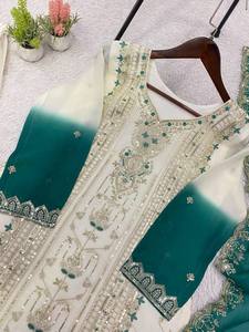 Ensemble Anarkali Palazzo en Georgette Micro Brodé pour Femme avec Dupatta, Infroissable, Extensible, Séchage Rapide, Tenue de Soirée et de Mariage - Product Image 6