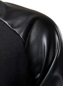 Blouson bomber noir en PU pour homme avec manches en cuir, col rabattu, coupe décontractée, couleur unie, fermeture boutonnée, idéal pour l'automne - Product Image 6