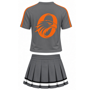 Ensemble uniforme de cheerleading imprimé gris-orange, haut à manches courtes et jupe plissée, tenue de sport athlétique pour entraînement et performance - Product Image 2
