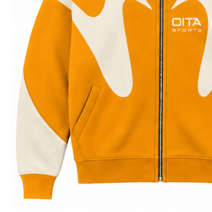 Golden <b>Orange</b> Contrast Panel Zip Up Hoodie Men Streetwear Full Zipper Long Sleeve Casual <b>Fleece</b> Hooded Jacket With Pockets - Product Image 6