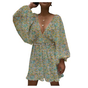 Nuevo Vestido de Noche Sexy de Algodón de Alta Calidad con Cuello en V, Estampado a Mano, Cuello en V Profundo, Estilo Linterna, Casual y Sexy, de Longitud Media - Product Image 2