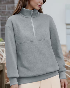Women's Gray Half-<b>Zip</b> Crew Neck Eco-Friendly Fleece Casual Sweatshirt Regular Fit Full Sleeve Knitted Solid Color Winter Wear - Product Image 3