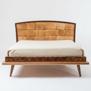 Elegante Cama de Madera de Teca Sólida de Estilo Mid-Century con Cabecera de Diseño Geométrico Artístico - Product Image 1