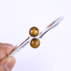 Wholesale Handmade 925 Sterling Silver Plated Natural Tiger Eye Gemstone Two <b>Stone</b> Round Cabochon Bypass Bangle <b>Bracelet</b> Elegant - Product Image 5