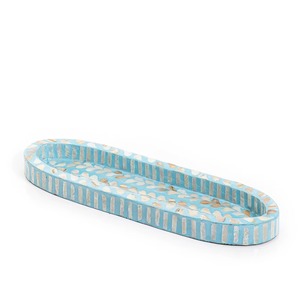 Bandeja de servir ovalada larga hecha a mano con incrustaciones de nácar, bordes elevados, patrón de mosaico de conchas y bandeja decorativa para uso doméstico. - Product Image 5