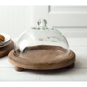 Small clear <b>glass</b> <b>dome</b> with wooden bowl base rustic dessert display for fruits snacks kitchen table new style stand base feeted - Product Image 6