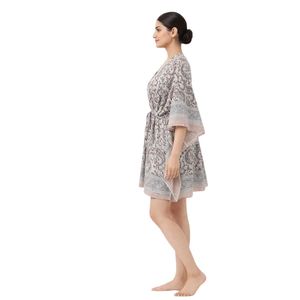 Kaftan court semi-transparent en pur coton pour femme, élégant, imprimé à la main, vêtement de nuit - Product Image 1