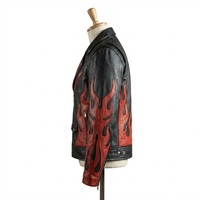 Jaket Kulit Hitam Pria untuk Sepeda Motor, Motif Api Merah, Penutup Ritsleting, Gaya Biker, Kerah Lipat, Slim Fit, Pakaian Musim Gugur