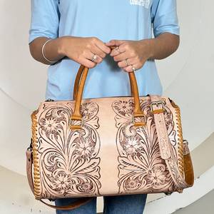 New Handcrafted Western Hand Tooled Leather Speedy Duffle Bag Floral Carved <b>Genuine</b> Cowhide Leather Crossbody Purse for Women's - Product Image 4