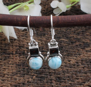 Natural Larimar and Red Garnet <b>Earrings</b> 925 <b>Sterling</b> <b>Silver</b> Larimar <b>Drop</b> <b>Earrings</b> Wholesale Jewelry Manufacturer - Product Image 4