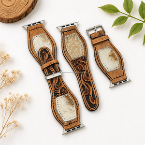 Bracelets de montre rustiques en cuir de vachette véritable usiné à la main avec compatibilité d'accents capillaires avec outillage floral pour un style occidental audacieux - Product Image 5