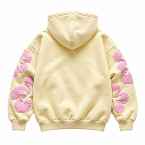 Sweat-shirt unisexe décontracté jaune clair à fermeture éclair en molleton bouclette, coupe oversize, avec poche kangourou, appliqué fleur et patch lettre - Product Image 2