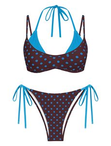 Ensemble bikini à pois pour femmes, maillot de bain double couche à col licou, colorblock, avec liens latéraux, 2 pièces - Product Image 1