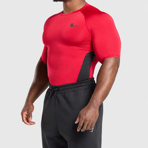 Camiseta de Compresión Elástica de Manga Larga con Cuello Redondo para Hombre, Color Rojo Sólido, Tejido de Punto de Secado Rápido, Diseño Casual con Logotipo Frontal - Product Image 4