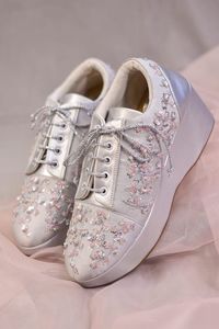 Tendance : Baskets compensées pour femme, argentées, brodées de perles, à plateforme haute, à motifs floraux et de paillettes, pour mariages, fêtes, décontractées et la marche - Product Image 3