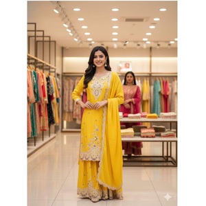 Traje Sharara Amarillo Mostaza Elegante Más Vendido con Intrincados Detalles de Espejo y Bordado, Ropa Étnica de Diseñador para Mujer, Ideal para Bodas - Product Image 1