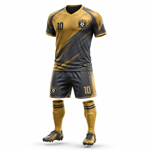 Ensemble de maillots de football personnalisés par sublimation pour hommes, uniforme de football à manches courtes, maillot et short d'équipe, noir et or, respirant, séchage rapide - Product Image 3