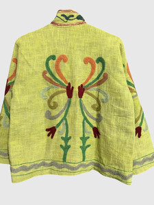 Veste en lin brodée à la main avec des motifs floraux, manches longues, col mandarin, style chic prairie, vêtement de printemps pour adultes - Product Image 2