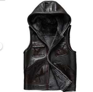 Gilet de motard en cuir noir fait main à capuche pour homme, sans manches, style cruiser streetwear - Product Image 1