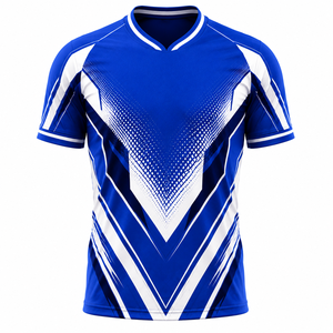 Maillot de football géométrique bleu et blanc pour homme, col en V, manches courtes, évacuation de l'humidité, coupe athlétique toutes saisons - Product Image 1