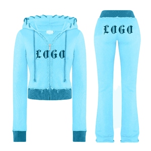 Women Light Blue Hooded <b>Tracksuit</b> Full Sleeve Zipper Front Logo Print Casual Autumn Wear Regular Fit 100% Cotton Joggers Set - Product Image 1