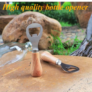 Ouvre-bouteille à manche en bois, en acier inoxydable, design simple, forme ronde - Product Image 2