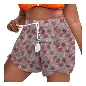 Shorts pour femmes à taille coulissante avec cordon de serrage, imprimé floral, coupe décontractée, en coton, imprimé à la main - Product Image 1