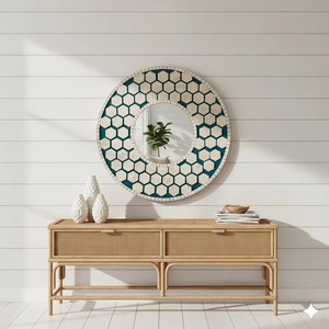 Unique Blue Geometrical Bone Inlay Mirror <b>Frame</b> Hall Way Decorative Home Looking Glass Art Deco Style at Best Price - Product Image 5