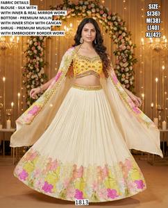 Lehenga Choli Largo hasta el Suelo, Elegante y Festivo para Fiestas de Invierno, Color Rosa Bandhani, en Seda Muselina para Mujer, para Bodas y Ocasiones Especiales - Product Image 3
