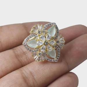 แหวนมรกต CZ Kundan Polki ปรับขนาดได้ แหวนพลอยสีเขียวรูปหยดน้ำและทรงกลม แหวนค็อกเทล - Product Image 3
