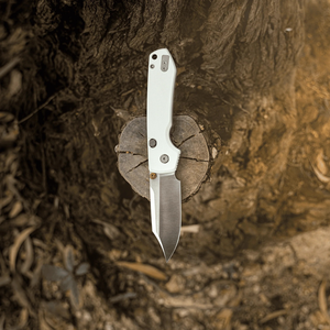 Couteaux pliants à manche texturé blanc avec lame satinée à pointe tombante, bouton de pouce, trou pour cordon et clip de poche pour usage extérieur - Product Image 3
